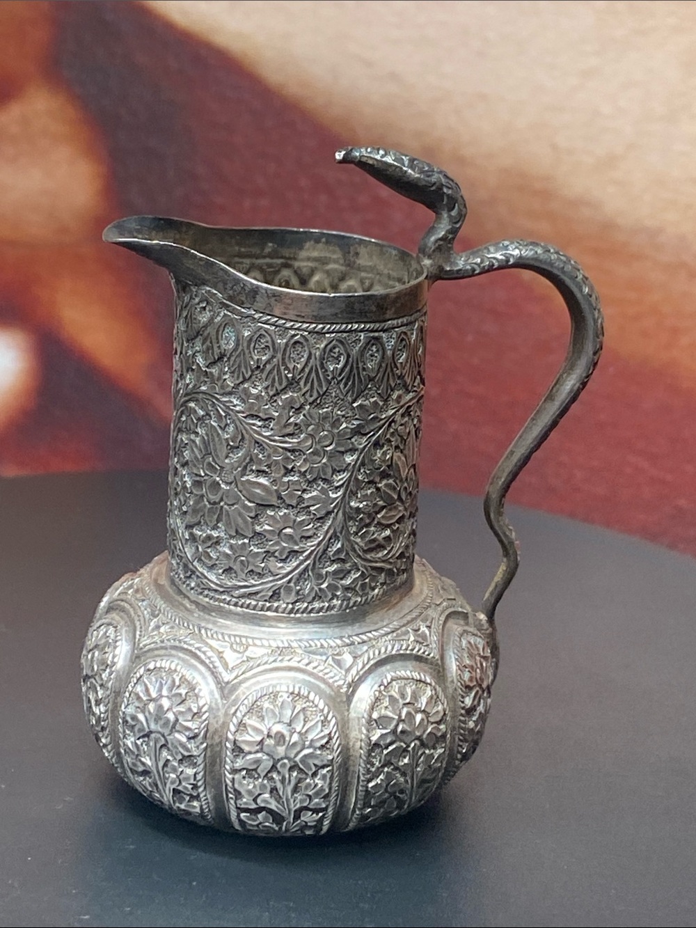 Vintage Kashmiri Silver Milk Jug Intricate Floral Engraving Vintage Decorative